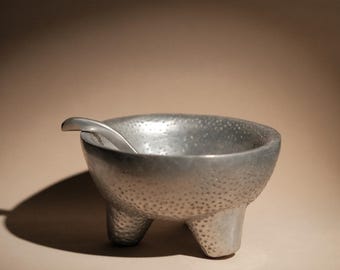 Vintage Hammered Pewter Mini Bowl and Spoon Set | Sculptural Brutalist Organic Modern Decor