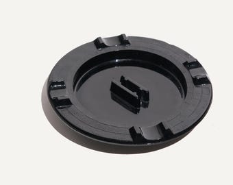 Vintage Black Glass Checkered Ashtray | Geometric Mid Century Modern Retro Decor