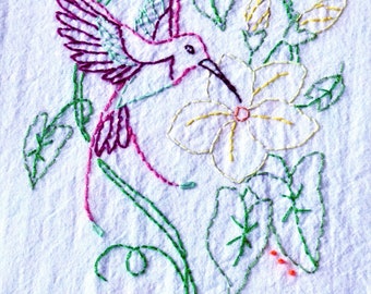 Two-toned Pink Hummingbird in Flower & Leaves Tea Towel Hand Embroidered Flour Sack XL, 100% Cotton, Prewashed, Kitchen Decor, Bird Lovers