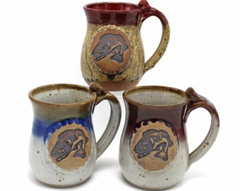 Handmade Bass Fisherman Coffee Mug, NC Stoneware Pottery, 14 oz