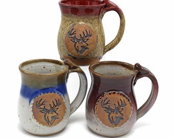 Handmade Deer Hunter Coffee Mug, NC Stoneware Pottery, 14 oz