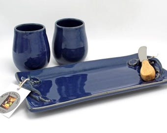 Handmade Stoneware Wine and Cheese Tray Set, Spreader Knife, Two Wine Glasses