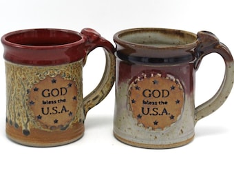 Handmade "God Bless the USA" Patriotic, Coffee Mug, Tea Mug, NC Stoneware Pottery, 14 oz