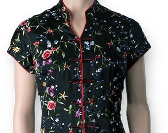 Qipao Top - Silk Floral Short Sleeve Chinese Blouse