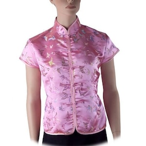 Butterfly Brocade Short Sleeve Chinese Top - Mandarin Collar Blouse