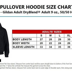 May include: Size chart for a pullover hoodie, showing measurements in inches for body length, body width, and sleeve length. Sizes range from small to 3XL. The chart is labeled "G125 - Gildan Adult DryBlend&reg; Adult 9 oz., 50/50 Hood".