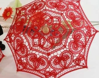 12" Mini Decorative Red Lace Parasol, Battenburg Lace Umbrellas