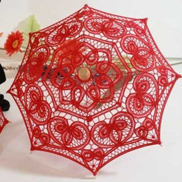 12" Mini Decorative Red Lace Parasol, Battenburg Lace Umbrellas