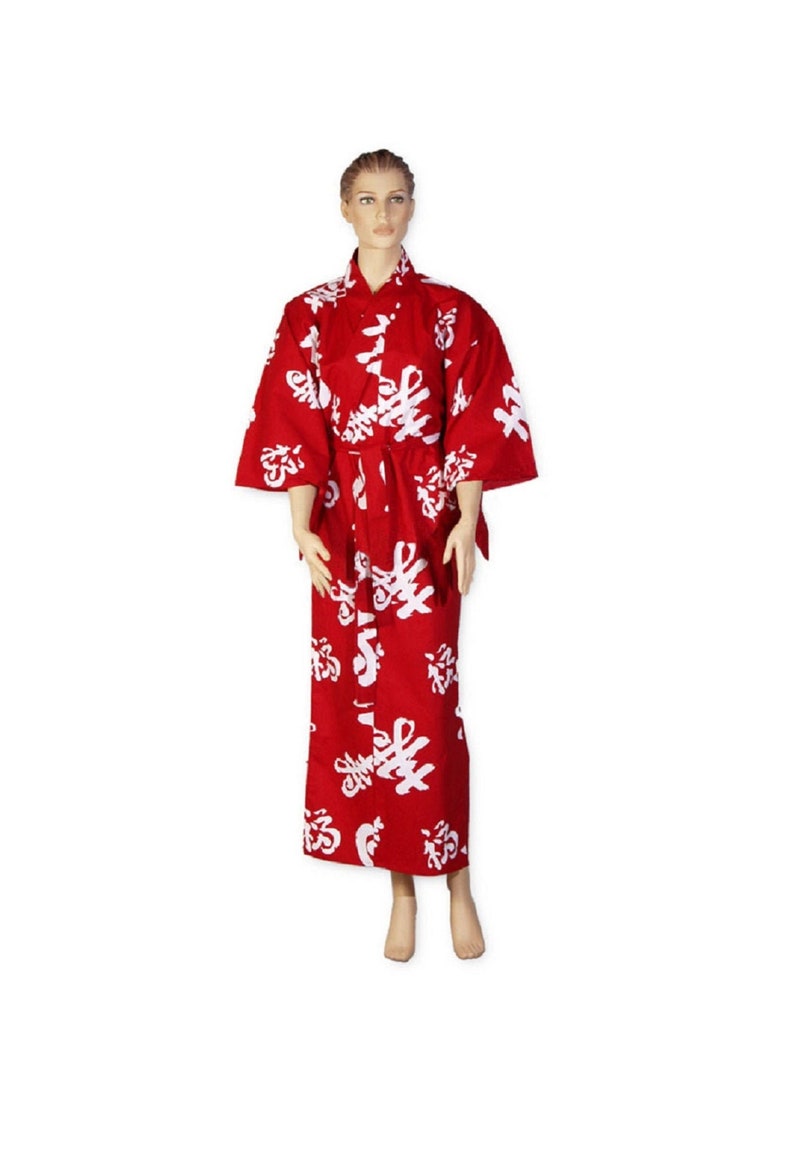 May include: A red and white Japanese-style robe with a white kanji pattern. The robe is worn by a mannequin.