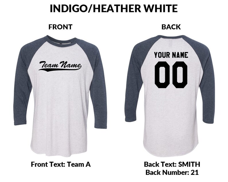 May include: A baseball jersey in a white and indigo blue colour scheme. The front of the jersey has the text "Team Name" in a black cursive font. The back of the jersey has the text "YOUR NAME" in black block letters above the number "00" in black block letters.