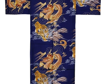 Men's Japanese Yukata - Navy Tiger and Dragon Japanese Yukata Robe. Size: Large - 61 Inches Long. 100% Cotton. Made in Japan