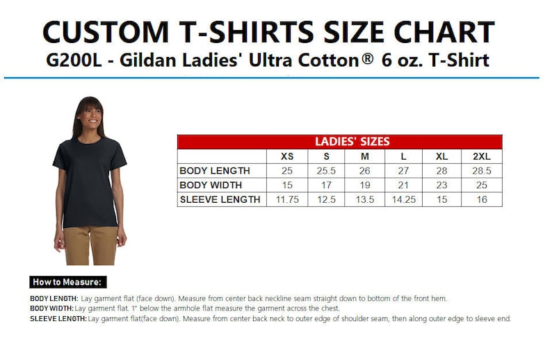 Puede incluir: Una tabla de tallas para la camiseta Gildan Ladies' Ultra Cotton&reg; 6 oz., que muestra las medidas en pulgadas para la longitud del cuerpo, el ancho del cuerpo y la longitud de la manga para las tallas XS, S, M, L, XL y 2XL.
