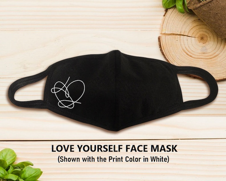 Set of 2 BTS Love Yourself Face Mask, KPop Heart Reusable Premium Black Face Masks 