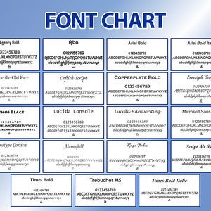 May include: A chart displaying different font styles with the text "FONT CHART" at the top. Each font style is labeled with its name and includes a sample of the alphabet, numbers, and symbols.