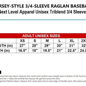May include: Size chart for a unisex baseball t-shirt with 3/4 sleeves. The chart shows sizes XS to 3XL with measurements in inches for body length and width.