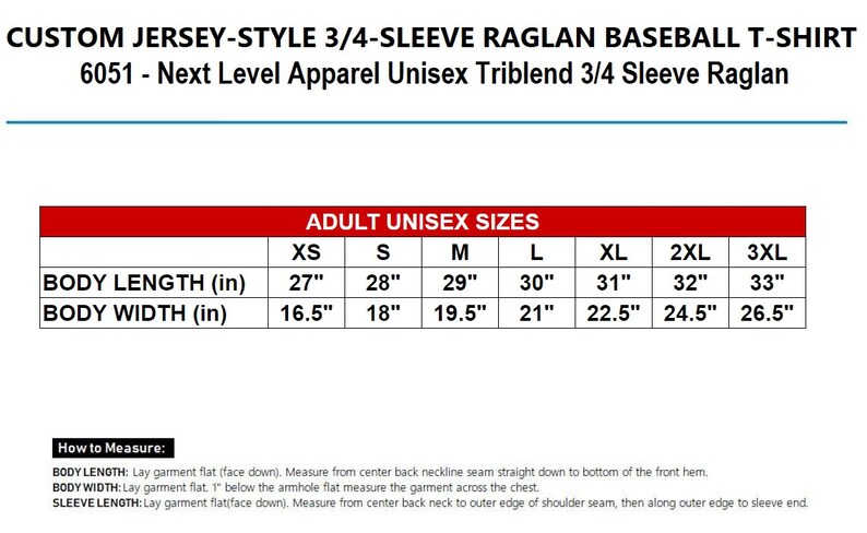 May include: Size chart for a unisex baseball t-shirt with 3/4 sleeves. The chart shows sizes XS to 3XL with measurements in inches for body length and width.