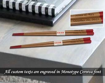 2 Pairs+ Engraved Bamboo Chopsticks w Red Tip (Price Breaks Available)