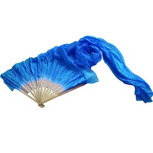 May include: A blue silk fan with a wooden handle. The fan is open and the silk is flowing in the air.