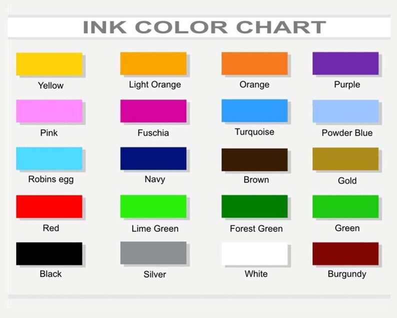 Pu&ograve; includere: Tabella dei colori dell'inchiostro con 16 colori diversi, tra cui giallo, arancio chiaro, arancio, viola, rosa, fucsia, turchese, azzurro polvere, azzurro, blu navy, marrone, oro, rosso, verde lime, verde bosco, verde, nero, argento, bianco e bordeaux.