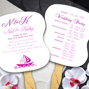 50+ Two-Sided Wedding Program Fan with Beach Design, Paper Paddle Fans, Hand Fan Party Favors