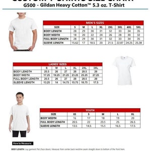 May include: A size chart for custom t-shirts, showing measurements for men's, women's, and youth sizes. The chart includes body length, body width, full body length, and sleeve length in inches.