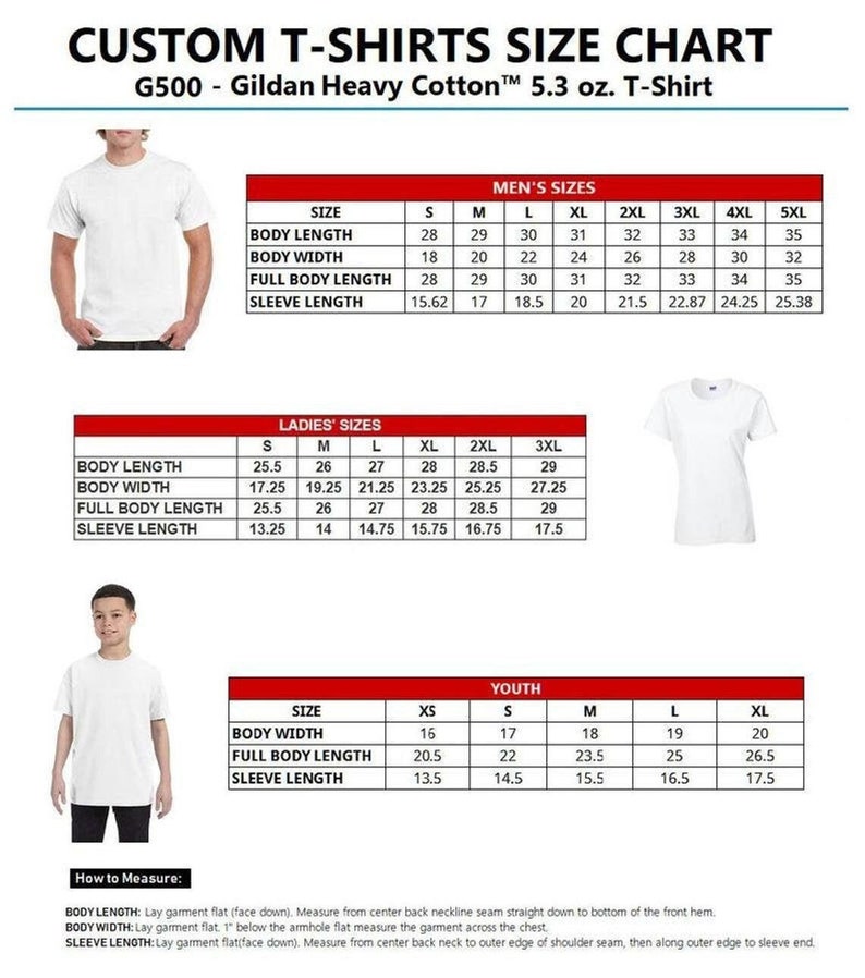 May include: A size chart for custom t-shirts, showing measurements for men's, women's, and youth sizes. The chart includes body length, body width, full body length, and sleeve length in inches.