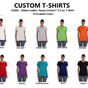 Op de afbeelding: Tien verschillende gekleurde T-shirts voor vrouwen. De T-shirts zijn gemaakt van Gildan Ladies' Heavy Cotton en wegen 5,3 oz. G500L.