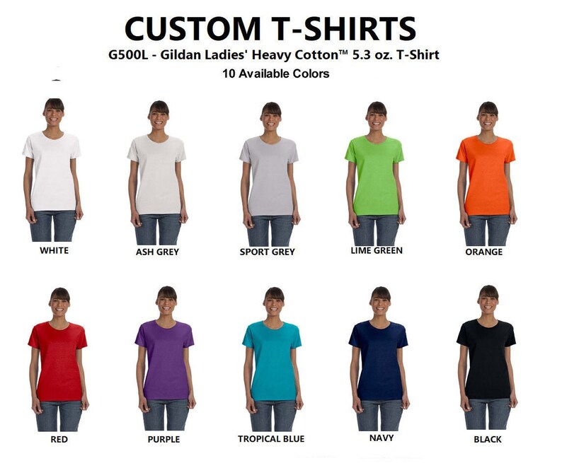 Op de afbeelding: Tien verschillende gekleurde T-shirts voor vrouwen. De T-shirts zijn gemaakt van Gildan Ladies' Heavy Cotton en wegen 5,3 oz. G500L.