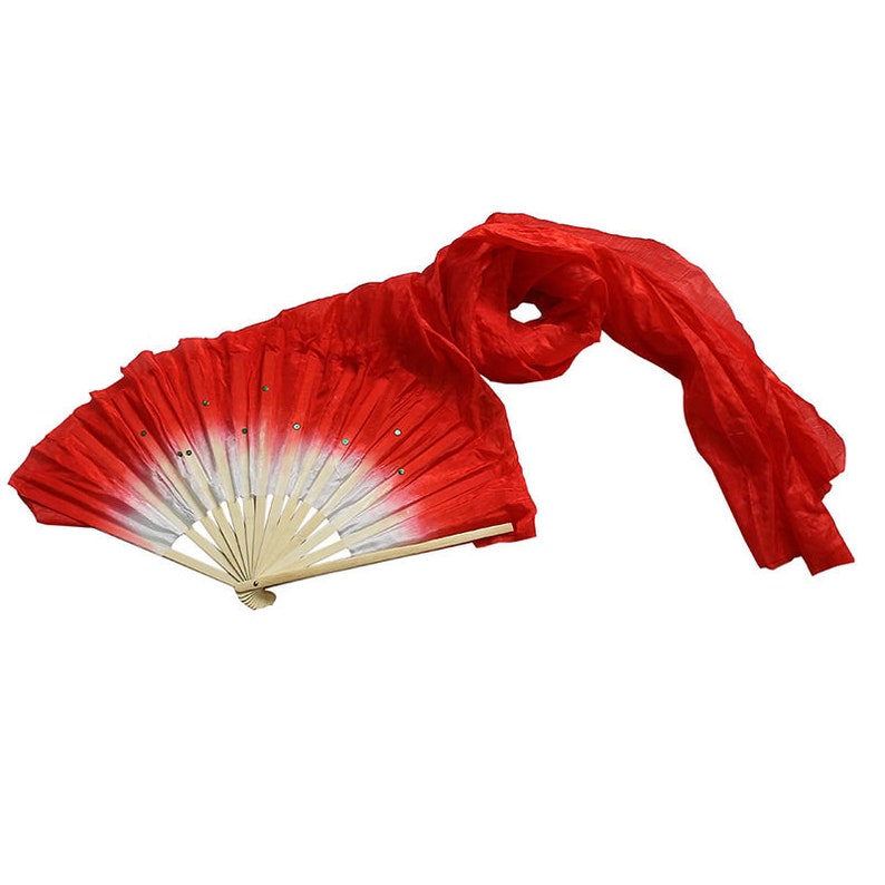 May include: A red silk fan with a white center and a wooden handle. The fan is attached to a long red silk scarf.