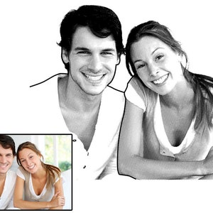 May include: A black and white sketch of a couple, a man and a woman, smiling at the camera. The man is wearing a t-shirt and the woman is wearing a white t-shirt.