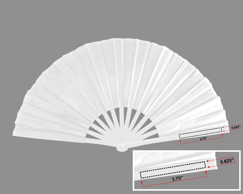 May include: A white, open hand fan with a pleated design. The fan is 9.5 cm long and 1.6 cm wide when closed. The fan's handle has a series of pointed, triangular cutouts.