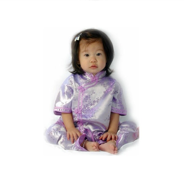 Girls Cherry Blossom Chinese Suit - Kids 2-Piece Cheongsam Top and Pants