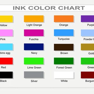 Op de afbeelding: Inktkleurenkaart met 16 verschillende kleuren, waaronder geel, lichtoranje, oranje, paars, roze, fuchsia, turquoise, poederblauw, robijn-ei, marineblauw, bruin, goud, rood, limoengroen, bosgroen, groen, zwart, zilver, wit en bordeaux.