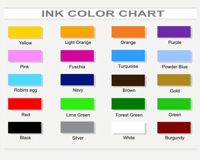 Op de afbeelding: Inktkleurenkaart met 16 verschillende kleuren, waaronder geel, lichtoranje, oranje, paars, roze, fuchsia, turquoise, poederblauw, robijn-ei, marineblauw, bruin, goud, rood, limoengroen, bosgroen, groen, zwart, zilver, wit en bordeaux.