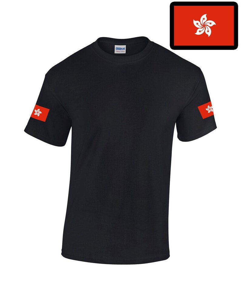 Pu&ograve; includere: Maglietta nera a maniche corte con una toppa della bandiera di Hong Kong rossa e bianca su ogni manica.