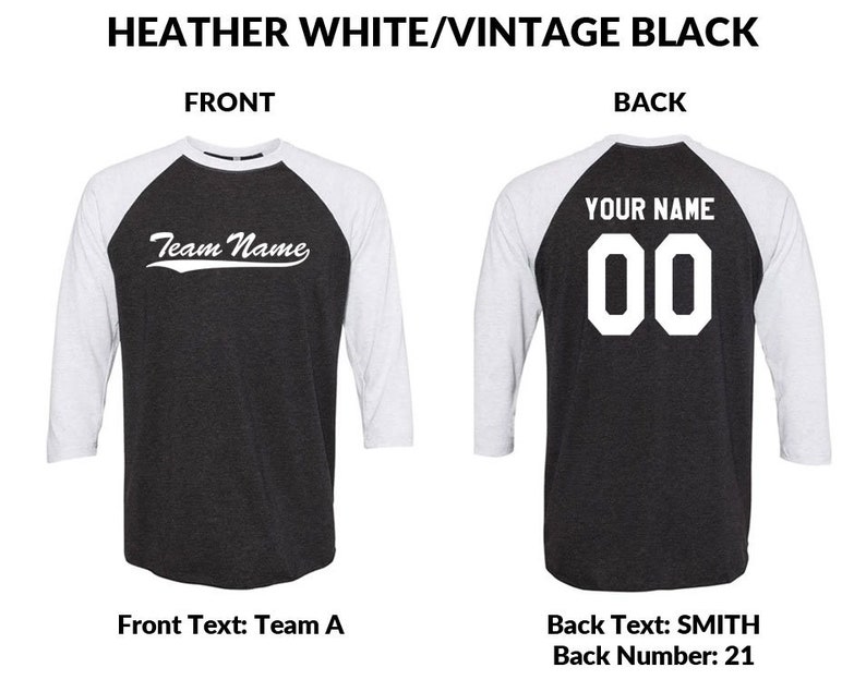 May include: Baseball jersey in a heather white and vintage black colour scheme. The front of the jersey features the text "Team Name" in a white cursive font. The back of the jersey has the text "YOUR NAME" in white block letters above the number "00" in white block letters.