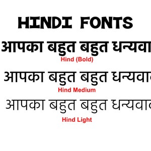 May include: A comparison of three different font weights for the Hindi language. The text reads "Aapka bahut bahut dhanyavaad" which translates to "Thank you very much" in English. The font weights are bold, medium, and light.