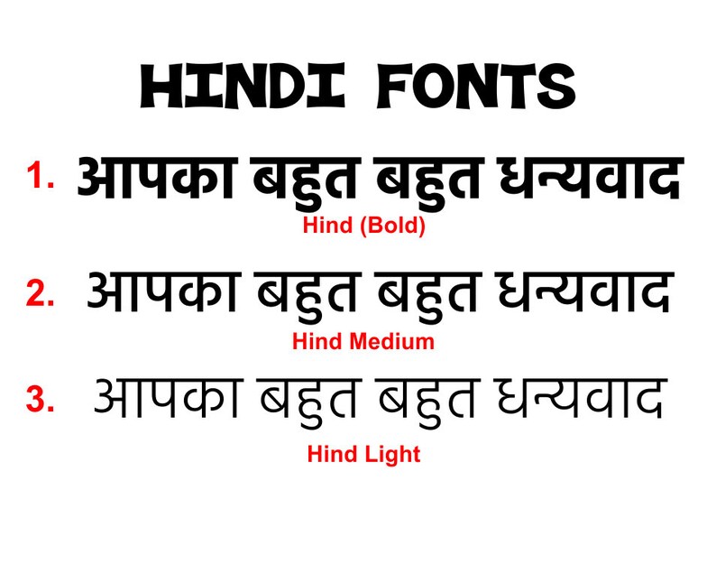 May include: A comparison of three different font weights for the Hindi language. The text reads "Aapka bahut bahut dhanyavaad" which translates to "Thank you very much" in English. The font weights are bold, medium, and light.