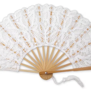 Small White Lace Fans for Wedding, 8.5&quot; Battenburg Lace Fan - Special SALE of the Month