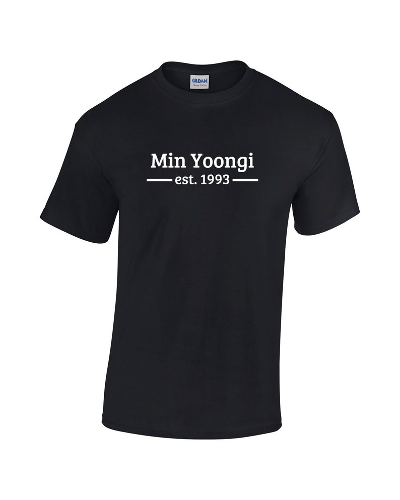May include: Black t-shirt with white text that reads "Min Yoongi - est. 1993".