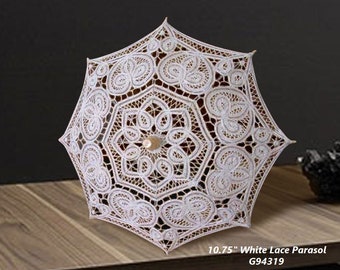 10.75" Mini Decorative White Lace Parasol, Battenburg Lace Umbrella