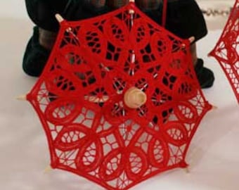 7.75" Mini Decorative Red Lace Parasol, Battenburg Lace Umbrella