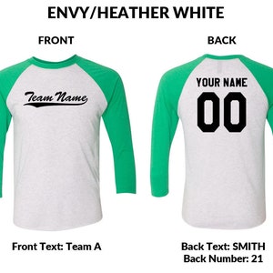May include: A baseball jersey in a green and white colour scheme. The front of the jersey has the text "Team Name" in a black cursive font. The back of the jersey has the text "YOUR NAME" in black block letters above the number "00" in black block letters.