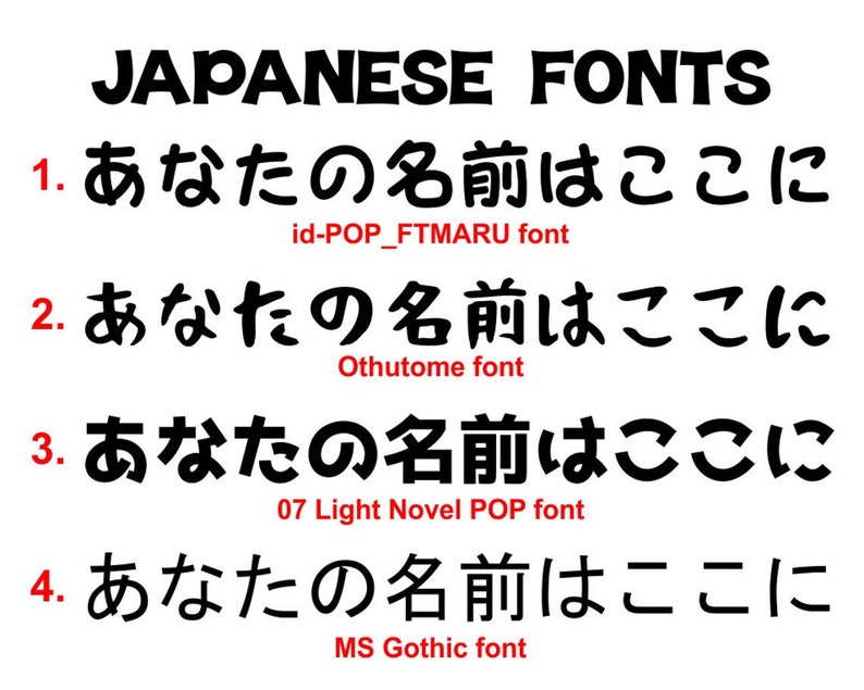 May include: A comparison of four different Japanese fonts, each displaying the text "あなた の 名前 は ここ に" (anata no namae wa koko ni) which translates to "Your name is here". The fonts are id-POP_FTMARU, Othutome, 07 Light Novel POP, and MS Gothic.