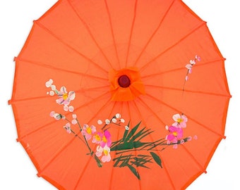 33" Orange Silk Parasol, Silk Wedding Umbrella, Traditional Chinese Japanese Painted Umbrellas