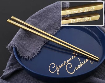 50+ Custom Engraved Gold Stainless Steel Chopsticks with Silver Logo