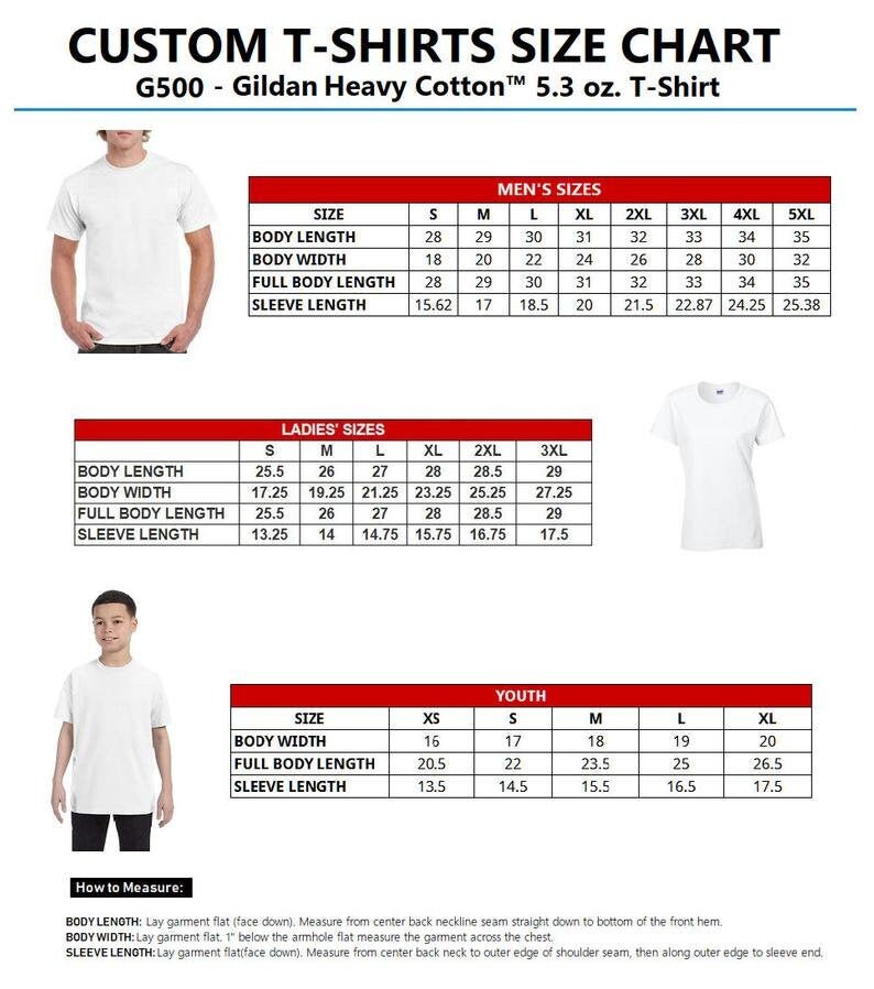 May include: A size chart for custom t-shirts, showing measurements for men's, women's, and youth sizes. The chart includes measurements for body length, body width, full body length, and sleeve length. The chart is labeled "G500 - Gildan Heavy Cotton&trade; 5.3 oz. T-Shirt".
