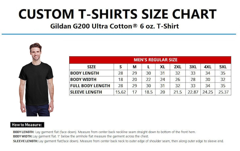 Puede incluir: Una tabla de tallas para camisetas Gildan G200 Ultra Cotton en tallas regulares para hombres. La tabla muestra las medidas en pulgadas para la longitud del cuerpo, el ancho del cuerpo, la longitud total del cuerpo y la longitud de la manga para las tallas S a 5XL.