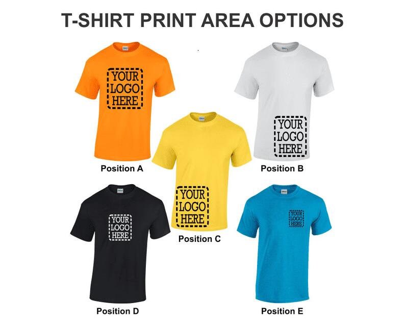 May include: Five t-shirts in different colors with a black square print area showing the text "YOUR LOGO HERE" in different positions on the shirts. The positions are labeled A, B, C, D, and E.