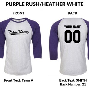 May include: A baseball jersey with purple and heather grey sleeves. The front of the jersey has the text "Team Name" in a black cursive font. The back of the jersey has the text "YOUR NAME" in black block letters above the number "00" in black block letters.